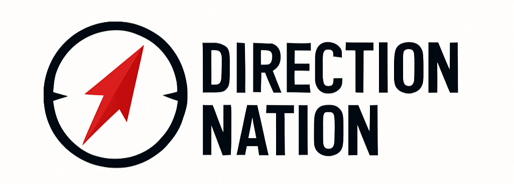 Direction Nation logo featuring a bold red compass arrow inside a black circular icon