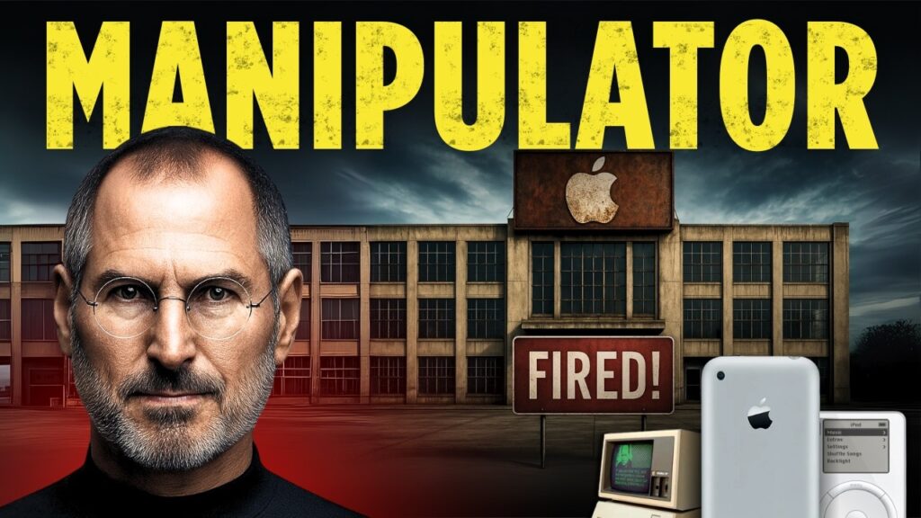A dramatic promotional image featuring a close-up of Steve Jobs' face on the left side, wearing his signature black turtleneck and glasses, with a serious expression. To the right, a weathered Apple headquarters building looms under a dark, cloudy sky, displaying a faded Apple logo and a prominent "FIRED!" sign in red. Scattered around the foreground are iconic Apple products: an early Apple computer, an iPhone, and an iPod, all in grayscale. The word "MANIPULATOR" is boldly written in large, yellow, distressed letters across the top, suggesting a controversial narrative about Jobs' legacy.